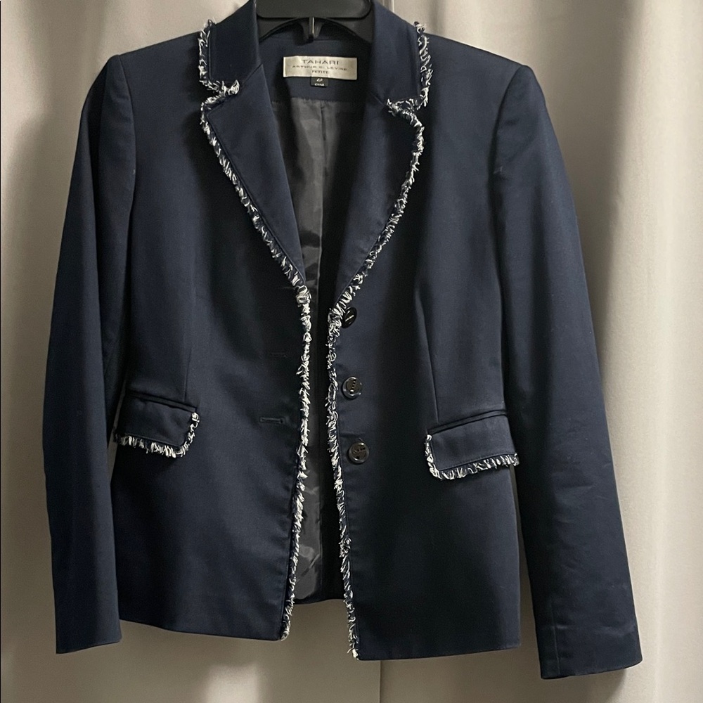 Tahari Dark Blue Blazer with Fringe Detail
